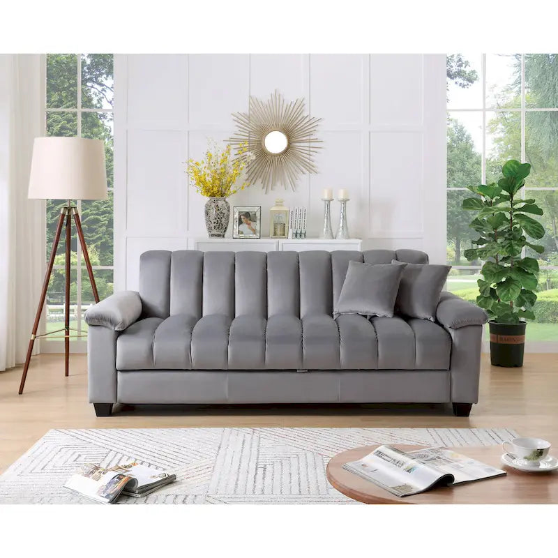 83 Comodo divano letto convertibile in velluto con contenitore.