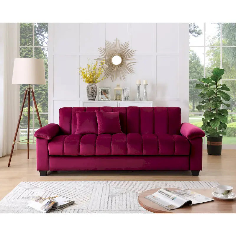 83 Comodo divano letto convertibile in velluto con contenitore.