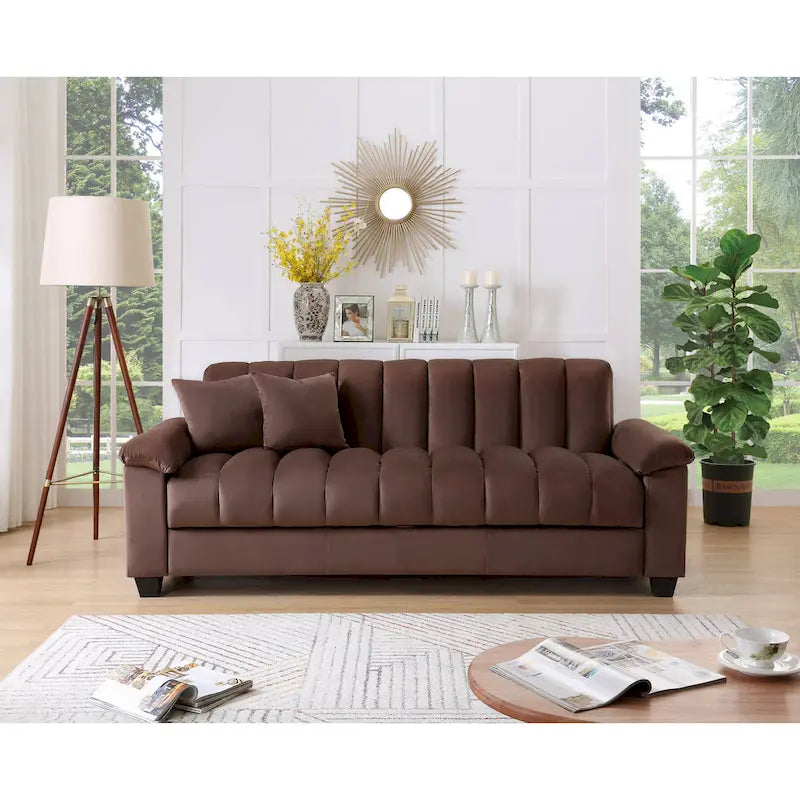 83 Comodo divano letto convertibile in velluto con contenitore.