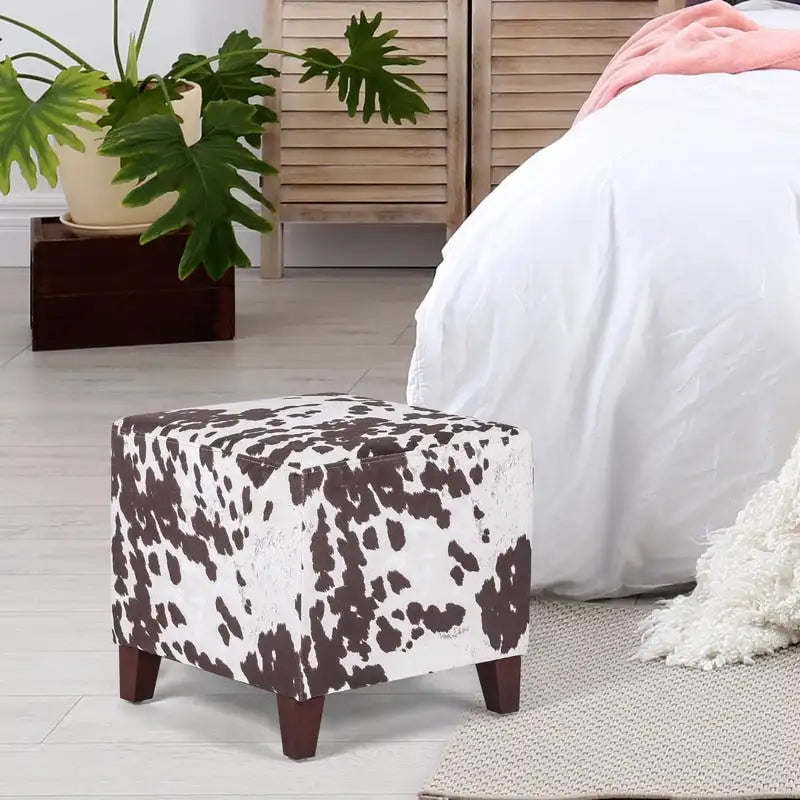 Adeco British Style Cow Print Cube Ottoman Home Bench Classy Footstool