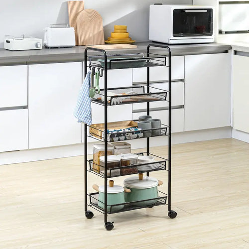 Carrello a rotelle multiuso a 5 ripiani, carrello in metallo, carrello da cucina con cestini in rete rimovibili, nero