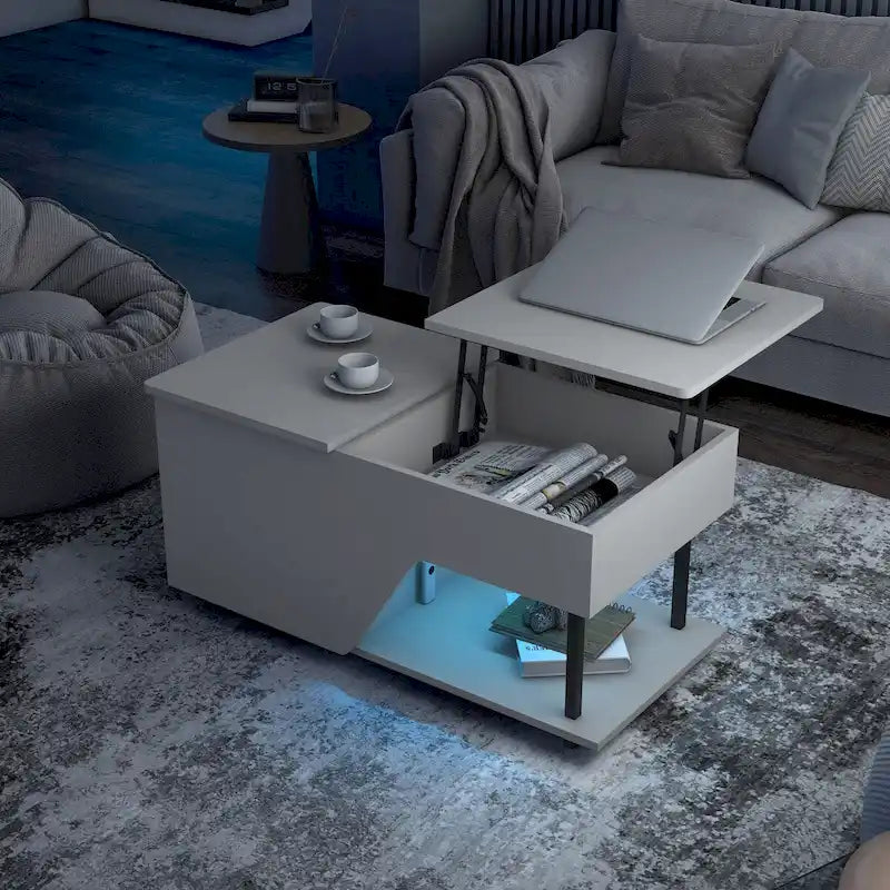 Tavolino da caffè moderno da 37 pollici con piano sollevabile, luce LED a 16 colori e ripiano regolabile